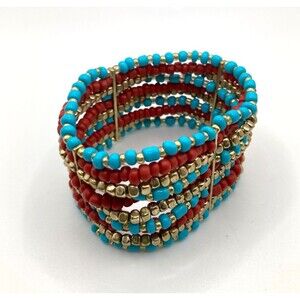 Multi-layered Stacked Western Vivid Red, Gold, Turquoise Bracelet Size 7.25